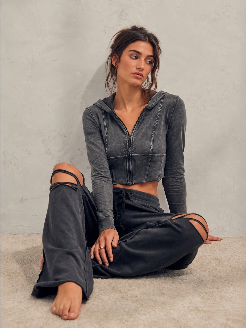NEW! Out From Under Cora Corset Cropped Hoodie, Distressed Gray, weekend, M